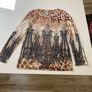 Vocal Chandelier Print Animal Leopard Long Sleeve Top Bling Rhinestone USA Women